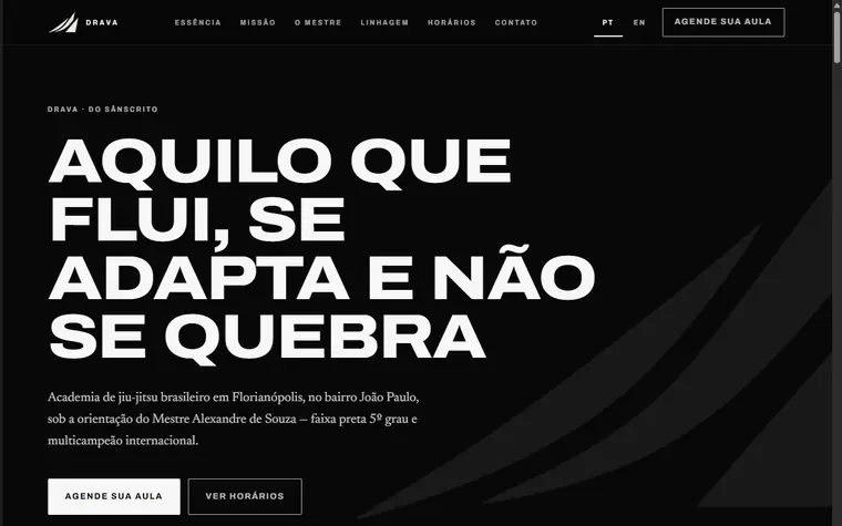 Página inicial da DRAVA Jiu-Jitsu, em fundo preto, com a chamada em tipografia grande