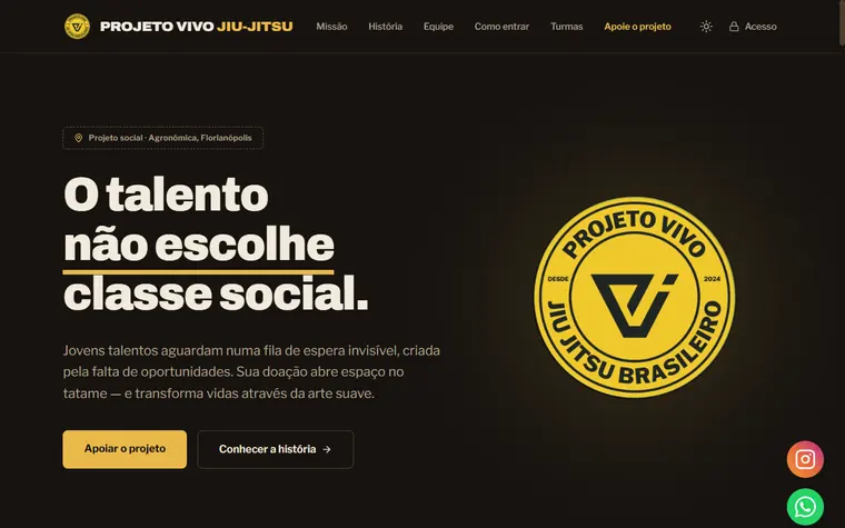 Página inicial do Projeto Vivo Jiu-Jitsu, em fundo escuro, com o brasão do projeto